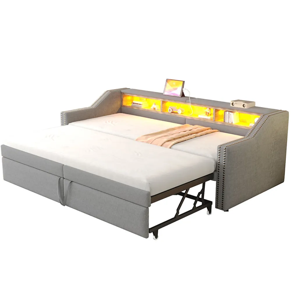 Lit banquette 90x200+180x200 cm gigogne avec rangement, éclairage LED, prise USB, structure lin métal MDF gris clair sans matelas>Okwish Sale