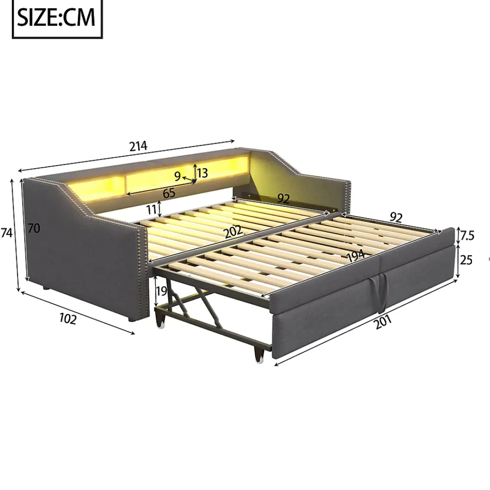 Okwish Lit banquette 90x200+180x200 cm gigogne avec rangement, éclairage LED, prise USB, structure lin métal MDF gris foncé sans matelas* Lit Gigogne