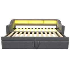 Okwish Lit banquette 90x200+180x200 cm gigogne avec rangement, éclairage LED, prise USB, structure lin métal MDF gris foncé sans matelas* Lit Gigogne