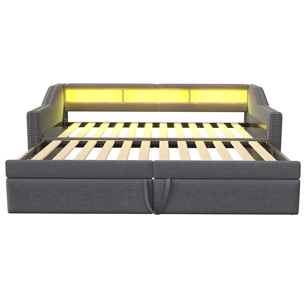Okwish Lit banquette 90x200+180x200 cm gigogne avec rangement, éclairage LED, prise USB, structure lin métal MDF gris foncé sans matelas* Lit Gigogne
