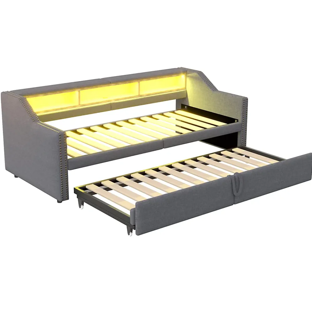 Okwish Lit banquette 90x200+180x200 cm gigogne avec rangement, éclairage LED, prise USB, structure lin métal MDF gris foncé sans matelas* Lit Gigogne
