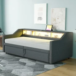 Okwish Lit banquette 90x200+180x200 cm gigogne avec rangement, éclairage LED, prise USB, structure lin métal MDF gris foncé sans matelas* Lit Gigogne