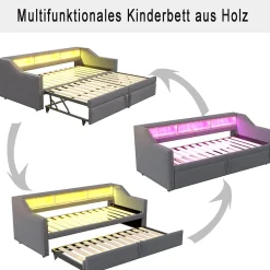 Okwish Lit banquette 90x200+180x200 cm gigogne avec rangement, éclairage LED, prise USB, structure lin métal MDF gris foncé sans matelas* Lit Gigogne