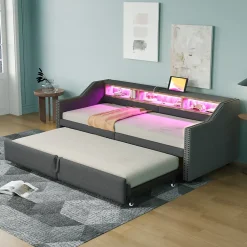 Okwish Lit banquette 90x200+180x200 cm gigogne avec rangement, éclairage LED, prise USB, structure lin métal MDF gris foncé sans matelas* Lit Gigogne