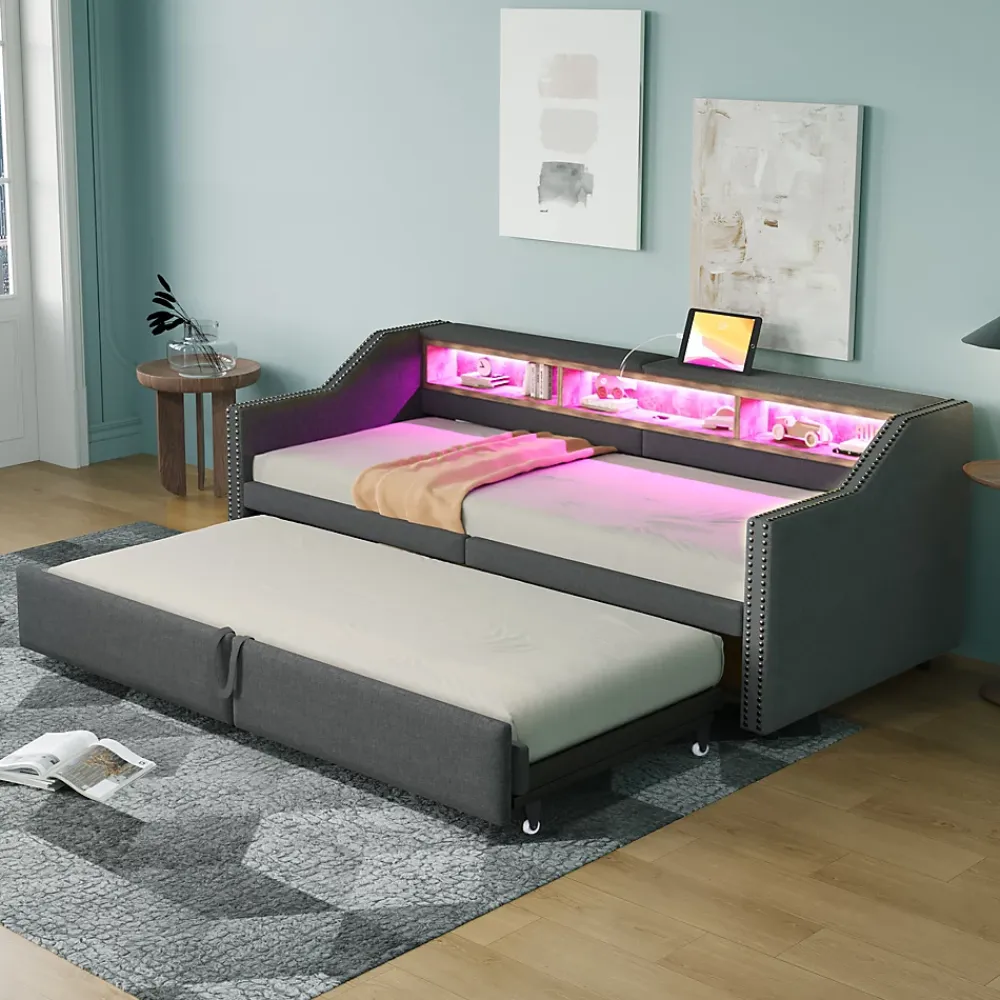 Okwish Lit banquette 90x200+180x200 cm gigogne avec rangement, éclairage LED, prise USB, structure lin métal MDF gris foncé sans matelas* Lit Gigogne