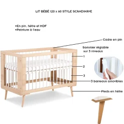 Lit Bébé à Barreaux Avec Sommier Réglable Style Scandinave 120x60 Hêtre>Little Sky Outlet