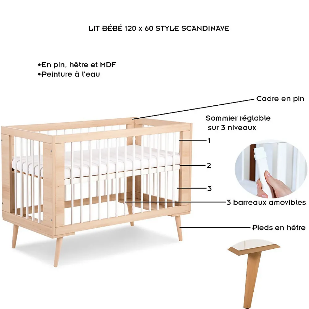 Lit Bébé à Barreaux Avec Sommier Réglable Style Scandinave 120x60 Hêtre>Little Sky Outlet