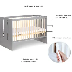 Lit Bébé Enfant évolutif à Barreaux Avec Sommier Réglable Gris / Bois 120x60 Cm>Little Sky Clearance