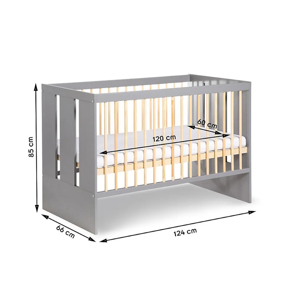 Lit Bébé Enfant évolutif à Barreaux Avec Sommier Réglable Gris / Bois 120x60 Cm>Little Sky Clearance