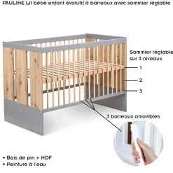 Lit Bébé Enfant évolutif à Barreaux Avec Sommier Réglable Bois / Gris 120x60 Cm>Little Sky Best