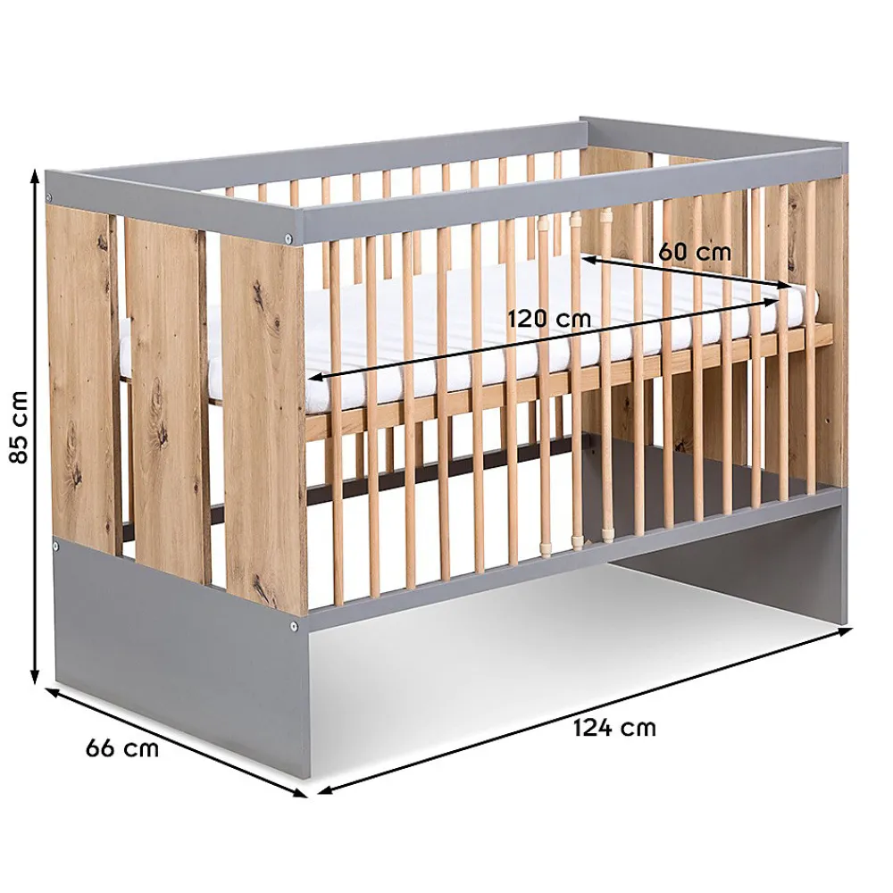 Lit Bébé Enfant évolutif à Barreaux Avec Sommier Réglable Bois / Gris 120x60 Cm>Little Sky Best
