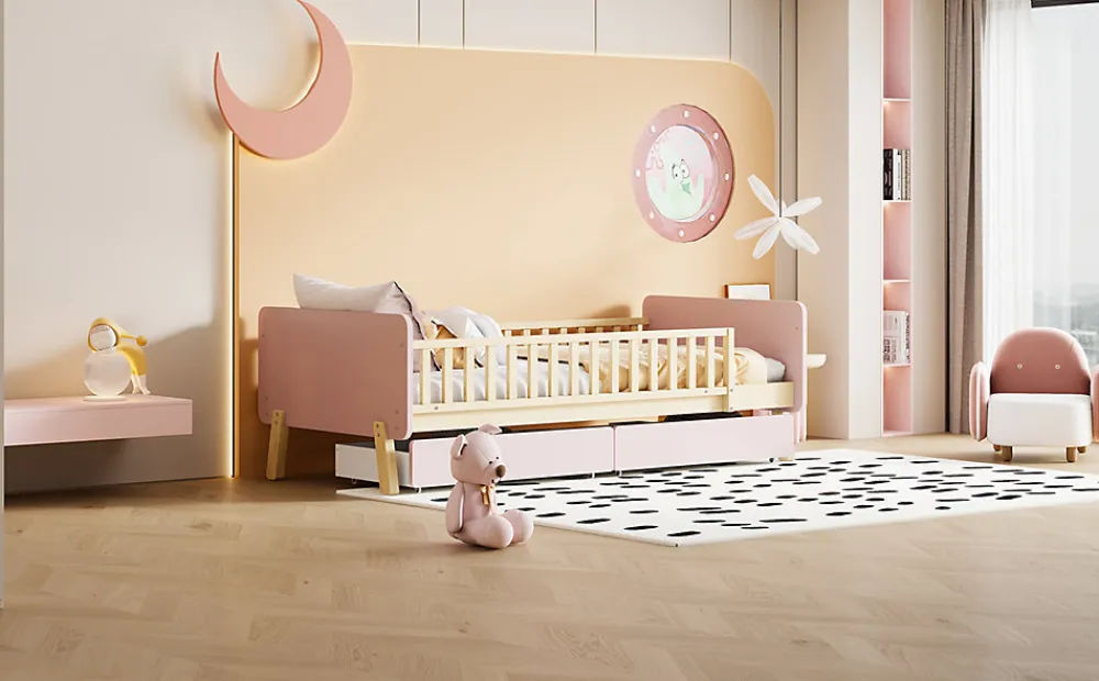 Lit bois 90 par 190 cm lit simple avec 2 tiroirs cadre en bois massif sommier rose>Redom Outlet