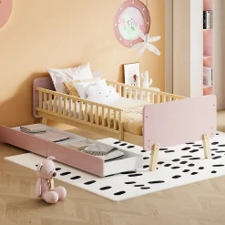 Lit bois 90 par 190 cm lit simple avec 2 tiroirs cadre en bois massif sommier rose><noscript><img width=