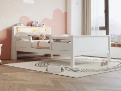 Lit bois 90 par 200 cm USB type C lampe LED tete de lit avec rangement lit enfant lit simple multifonction pin blanc><noscript><img width=