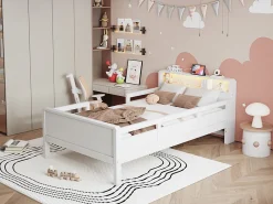 Lit bois 90 par 200 cm USB type C lampe LED tete de lit avec rangement lit enfant lit simple multifonction pin blanc><noscript><img width=