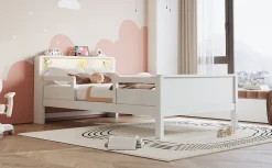 Lit bois 90 par 200 cm USB type C lampe LED tete de lit avec rangement lit enfant lit simple multifonction pin blanc><noscript><img width=