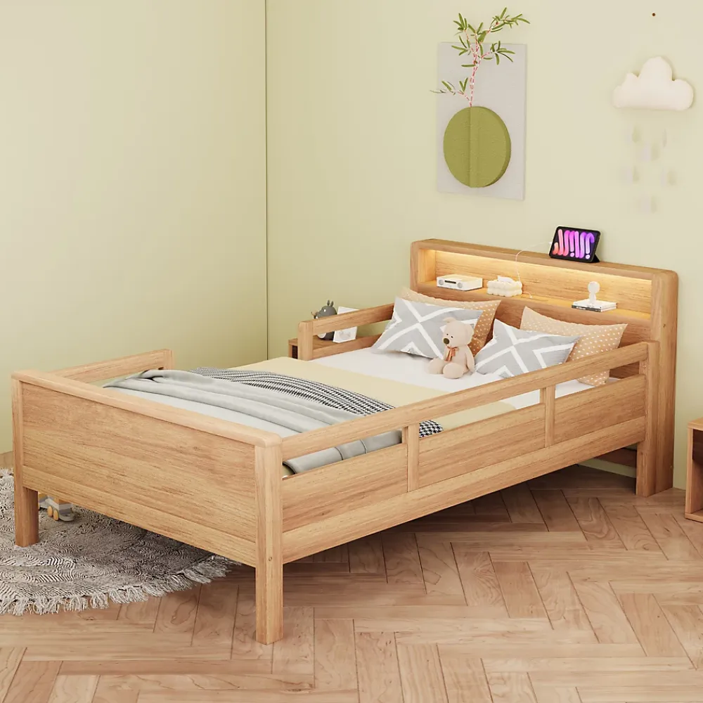 Redom Lit bois massif quatre vingt dix par deux cents avec USB Type C lampe LED tete rangement lit simple fonctionnelle bois* Sommier