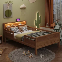 Redom Lit bois massif quatre vingt dix par deux cents avec USB Type C lampe LED tete rangement lit simple fonctionnelle bois* Sommier