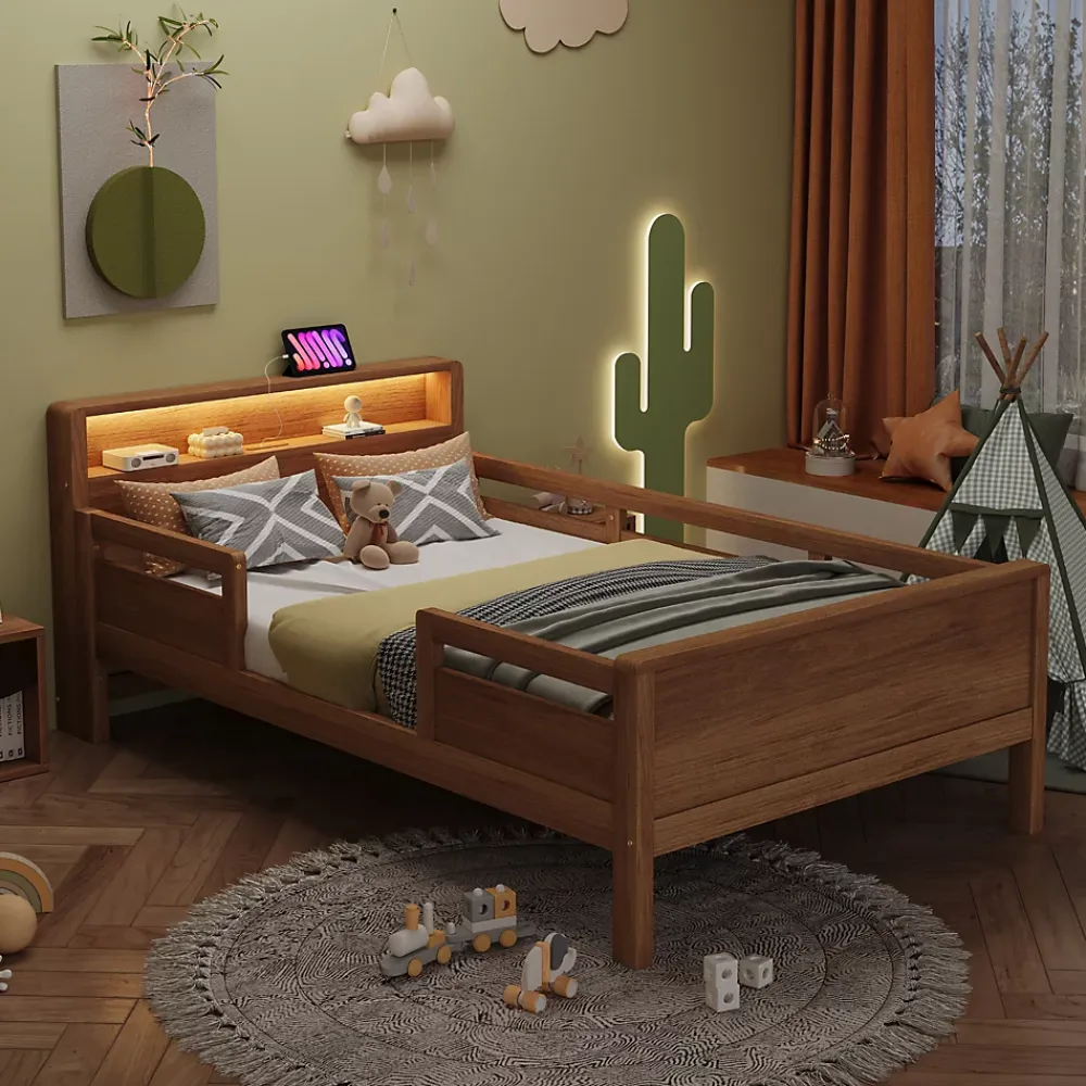 Redom Lit bois massif quatre vingt dix par deux cents avec USB Type C lampe LED tete rangement lit simple fonctionnelle bois* Sommier