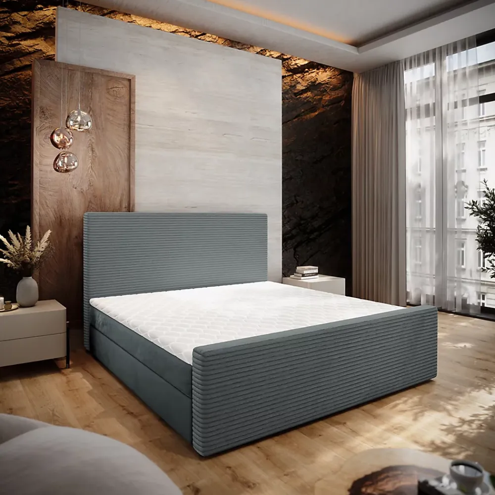Masseno Lit Boxspring ALORIA 160X200 CM POSO 60 + PAROS 06, Gris, Lit avec matelas et rangement* Ensemble Sommier Et Matelas