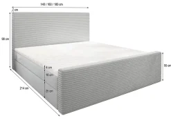 Masseno Lit Boxspring ALORIA 160X200 CM POSO 60 + PAROS 06, Gris, Lit avec matelas et rangement* Ensemble Sommier Et Matelas