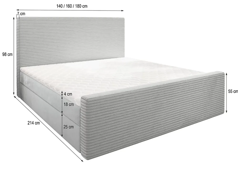 Masseno Lit Boxspring ALORIA 160X200 CM POSO 60 + PAROS 06, Gris, Lit avec matelas et rangement* Ensemble Sommier Et Matelas