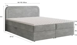 Masseno Lit Boxspring ARMEL 140X200 CM MONOLITH 84, Gris clair, Lit avec matelas et rangement* Ensemble Sommier Et Matelas