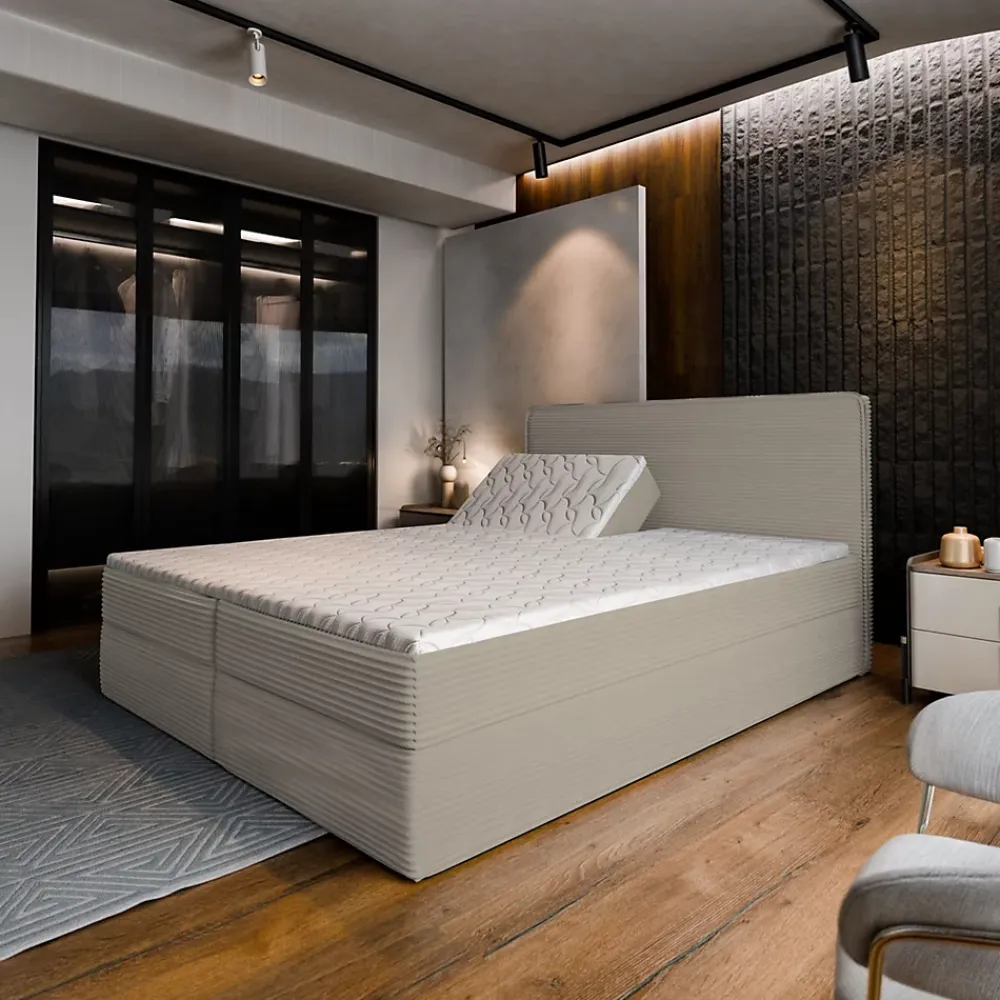 Masseno Lit Boxspring ASTOR 180X200 CM LINCOLN 83, Beige, Lit avec matelas et rangement* Ensemble Sommier Et Matelas