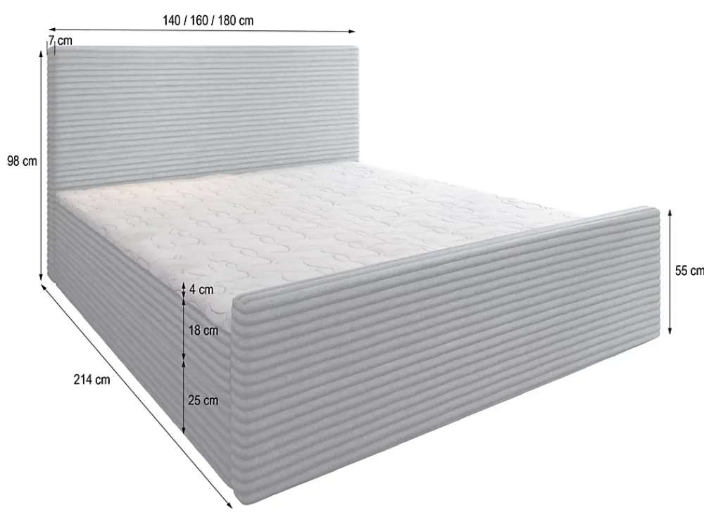 Masseno Lit Boxspring BRENTO 180X200 CM TILIA 86, Gris clair, Lit avec matelas et rangement* Ensemble Sommier Et Matelas