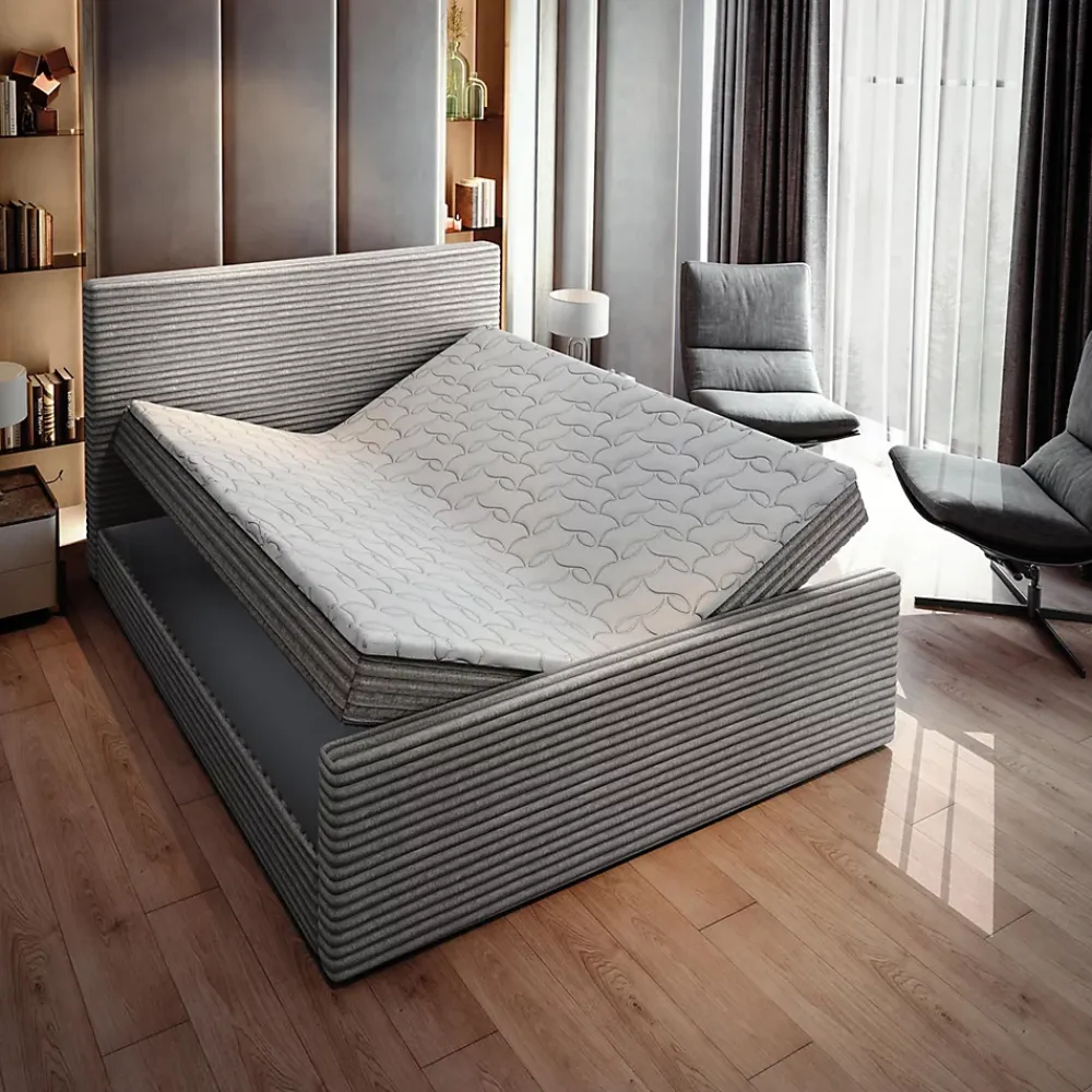 Masseno Lit Boxspring BRENTO 180X200 CM TILIA 86, Gris clair, Lit avec matelas et rangement* Ensemble Sommier Et Matelas