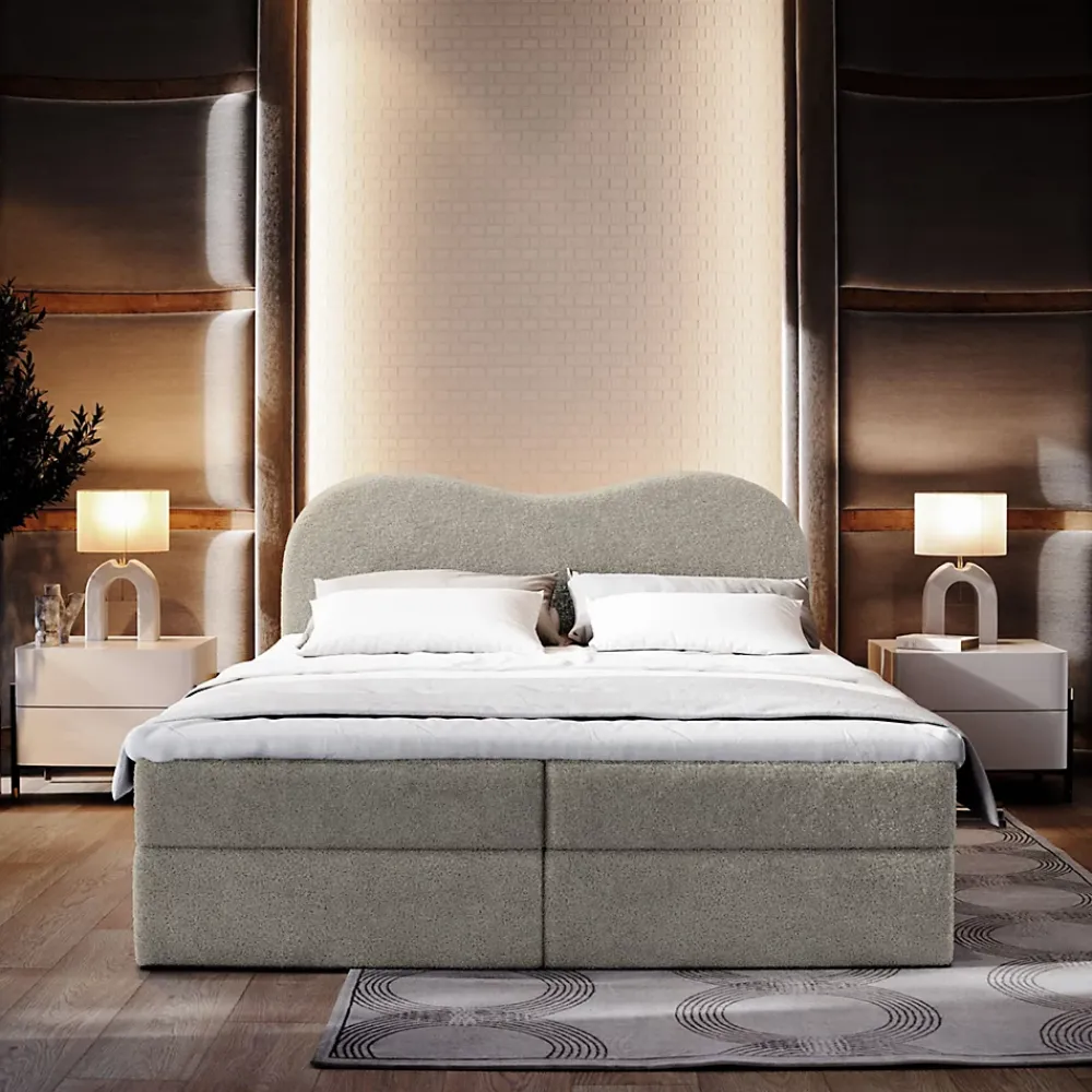 Masseno Lit Boxspring FLUVIA 180X200 CM NOW OR NEVER 83, Gris clair, Lit avec matelas et rangement* Ensemble Sommier Et Matelas