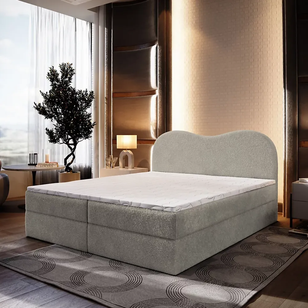 Masseno Lit Boxspring FLUVIA 180X200 CM NOW OR NEVER 83, Gris clair, Lit avec matelas et rangement* Ensemble Sommier Et Matelas