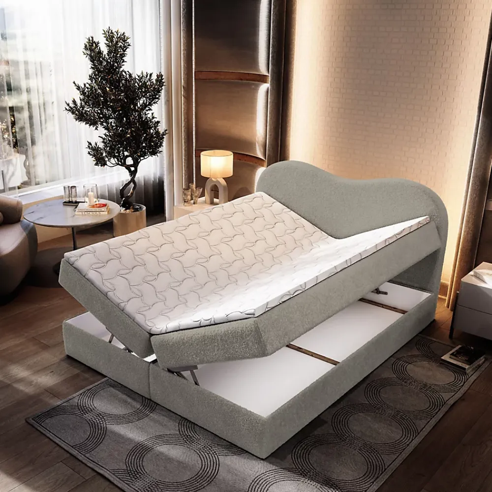 Masseno Lit Boxspring FLUVIA 180X200 CM NOW OR NEVER 83, Gris clair, Lit avec matelas et rangement* Ensemble Sommier Et Matelas