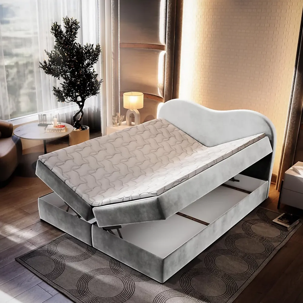 Masseno Lit Boxspring FLUVIA 140X200 CM MONOLITH 84, Gris clair, Lit avec matelas et rangement* Ensemble Sommier Et Matelas