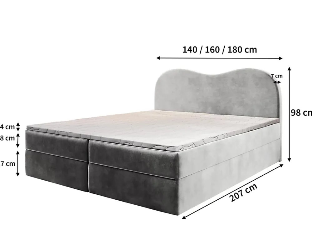 Masseno Lit Boxspring FLUVIA 140X200 CM MONOLITH 84, Gris clair, Lit avec matelas et rangement* Ensemble Sommier Et Matelas