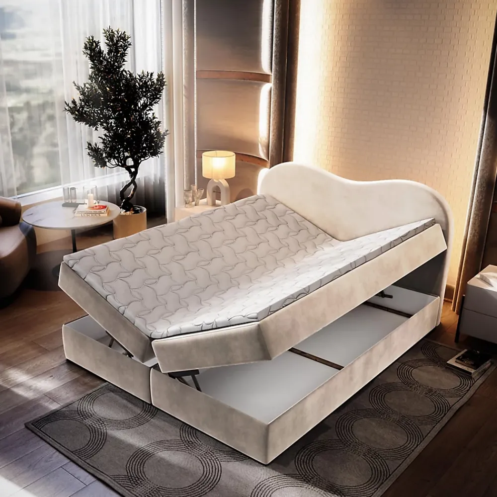 Masseno Lit Boxspring FLUVIA 180X200 CM MONOLITH 04, Crème, Lit avec matelas et rangement* Ensemble Sommier Et Matelas