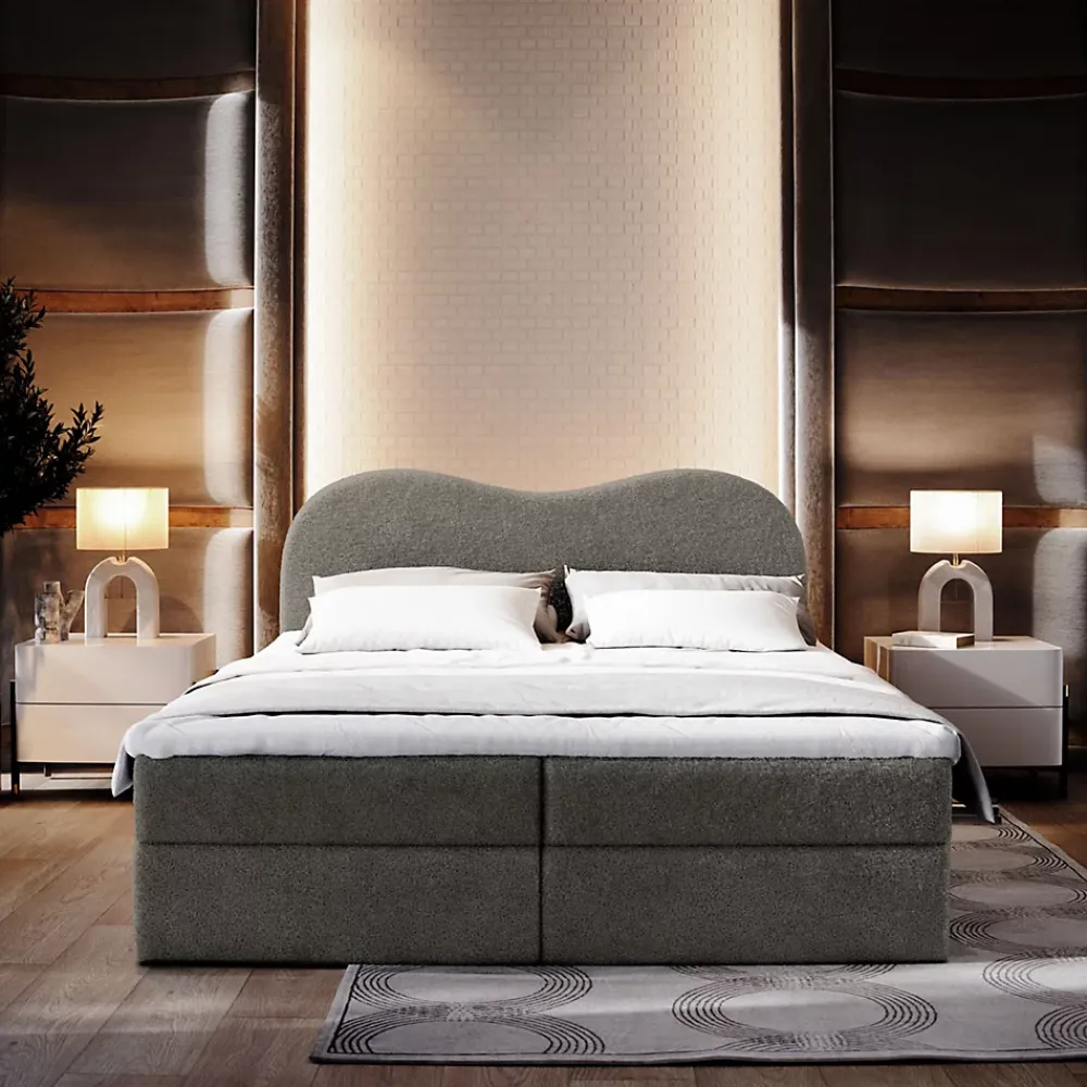 Masseno Lit Boxspring FLUVIA 160X200 CM NOW OR NEVER 92, Gris, Lit avec matelas et rangement* Ensemble Sommier Et Matelas