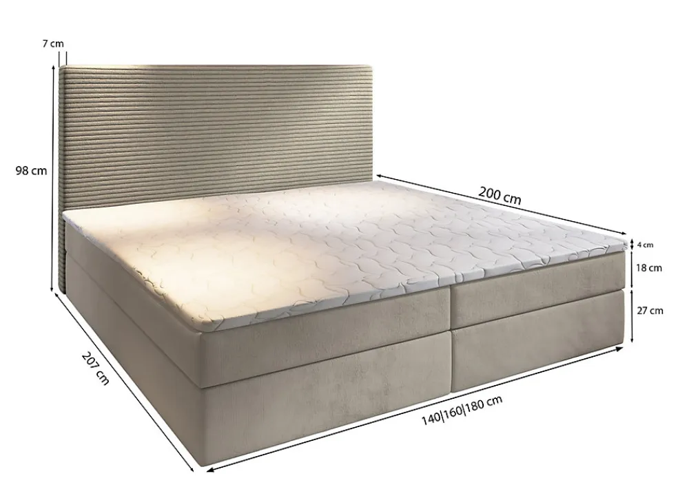 Lit Boxspring GIARRO 180X200 CM POSO 55 + PAROS 05, Gris clair, Lit avec matelas et rangement>Masseno