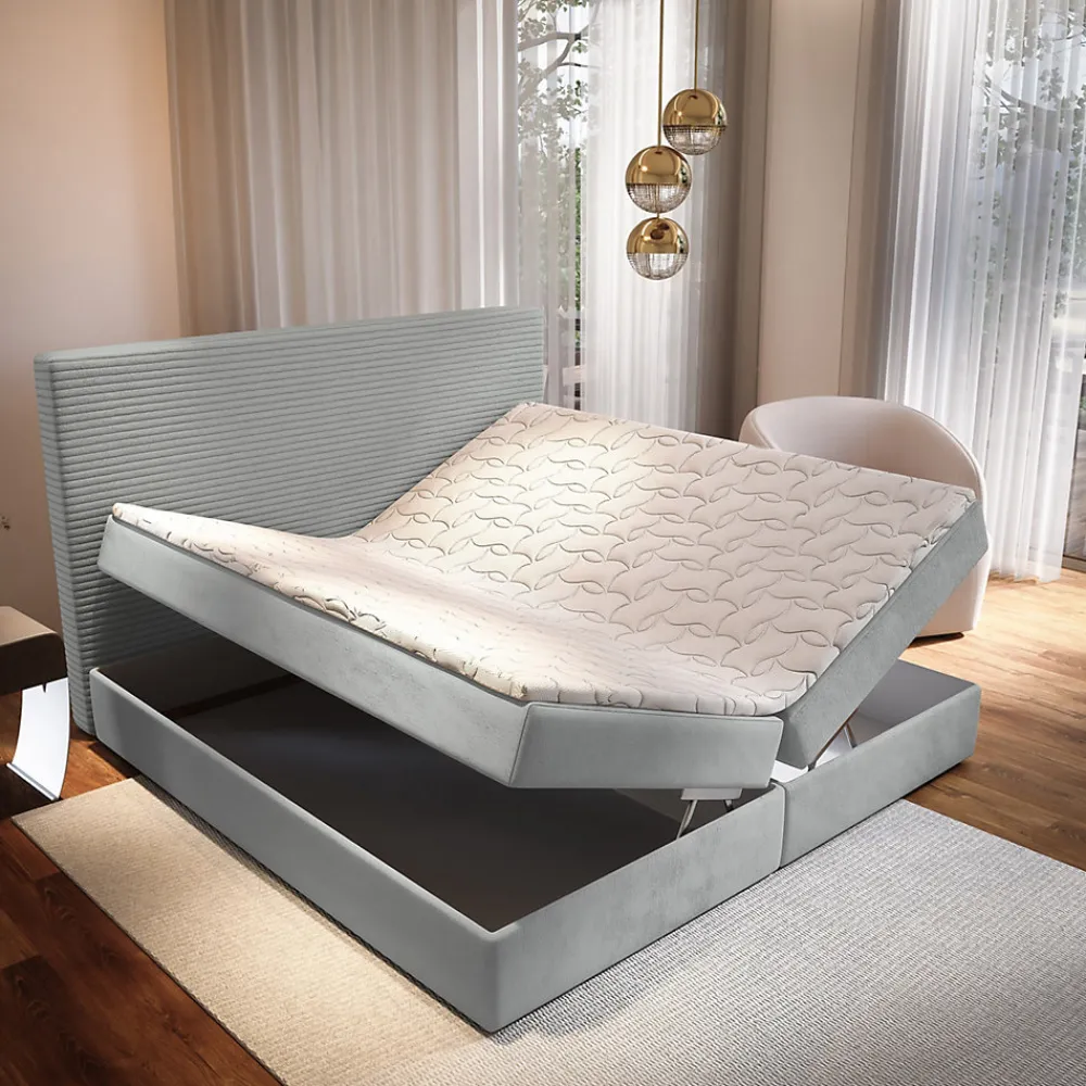 Lit Boxspring GIARRO 180X200 CM POSO 55 + PAROS 05, Gris clair, Lit avec matelas et rangement>Masseno