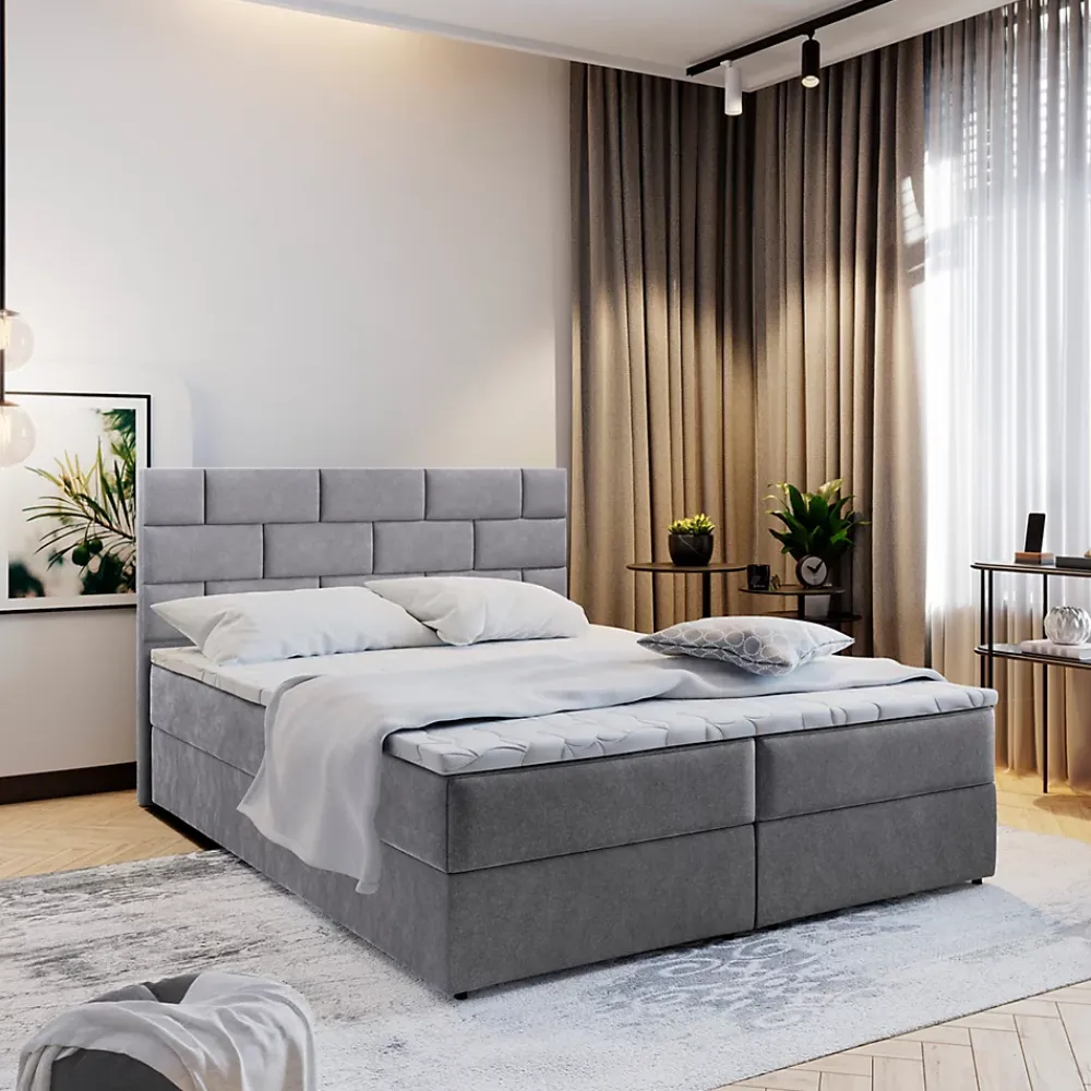 Masseno Lit Boxspring KERLO 160X200 CM COSMIC 160, Gris, Lit avec matelas et rangement* Ensemble Sommier Et Matelas