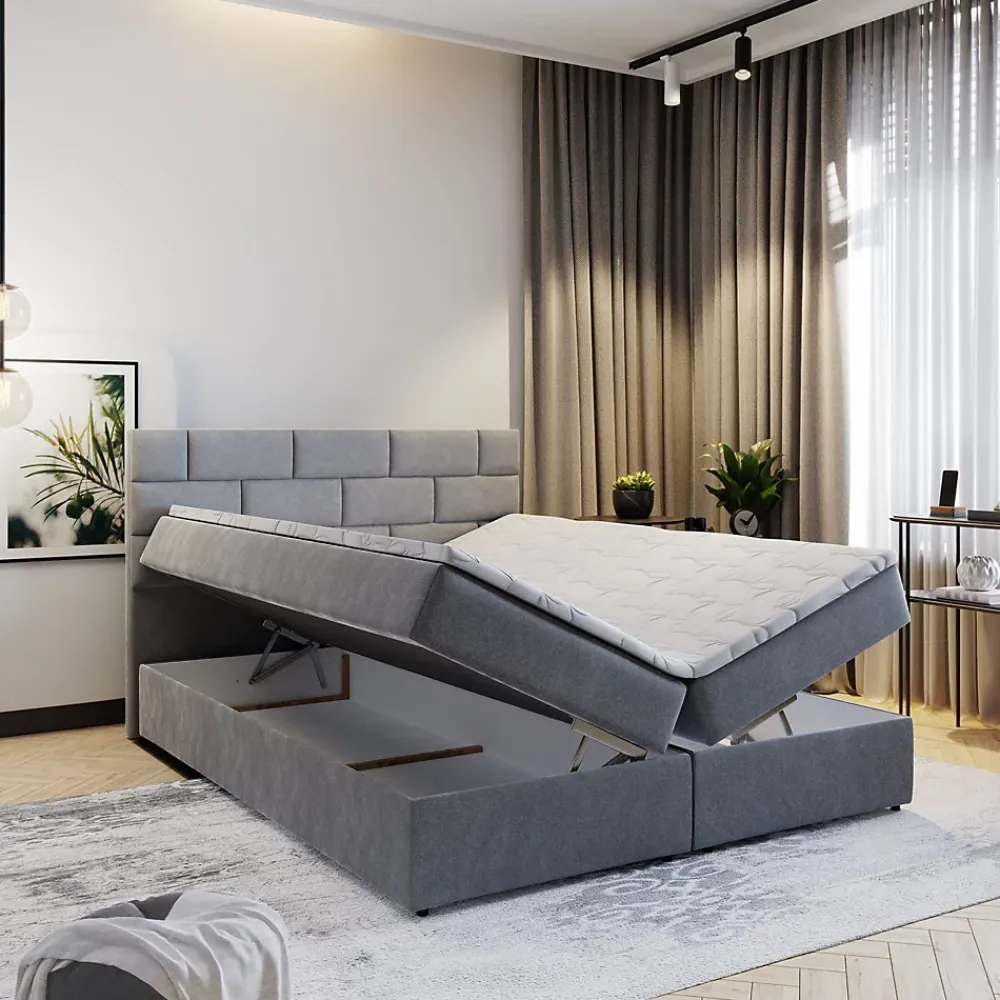 Masseno Lit Boxspring KERLO 160X200 CM COSMIC 160, Gris, Lit avec matelas et rangement* Ensemble Sommier Et Matelas