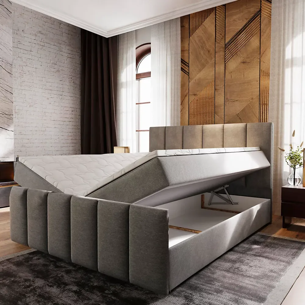 Masseno Lit Boxspring LAGO 140X200 CM SAWANA 16, Marron, Lit avec matelas et rangement* Ensemble Sommier Et Matelas