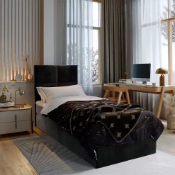 Masseno Lit Boxspring LENA 90 90X200 CM KRONOS 07, Noir, Lit avec matelas et rangement* Ensemble Sommier Et Matelas