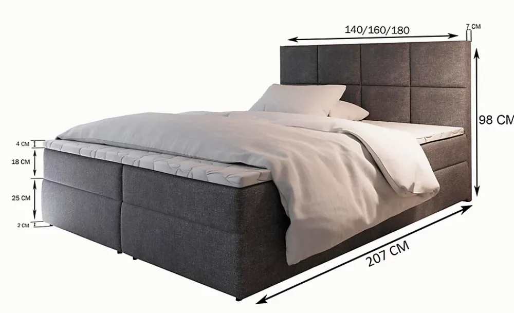Masseno Lit Boxspring LENA 160X200 CM KRONOS 27, Rose, Lit avec matelas et rangement* Ensemble Sommier Et Matelas