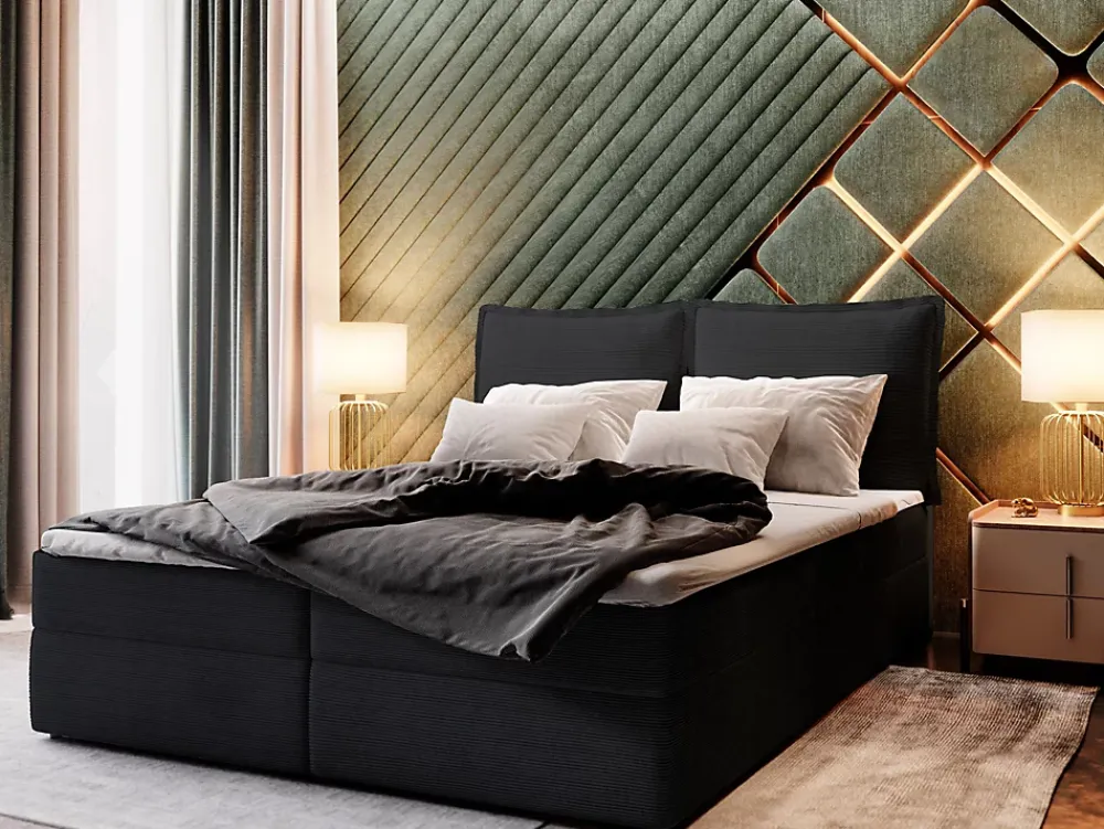 Masseno Lit Boxspring LENTE 160X200 CM LINCOLN 100, Noir, Lit avec matelas et rangement* Ensemble Sommier Et Matelas