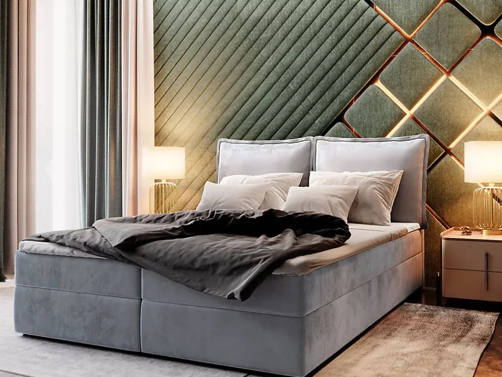 Masseno Lit Boxspring LENTE 160X200 CM MONOLITH 84, Gris clair, Lit avec matelas et rangement* Ensemble Sommier Et Matelas