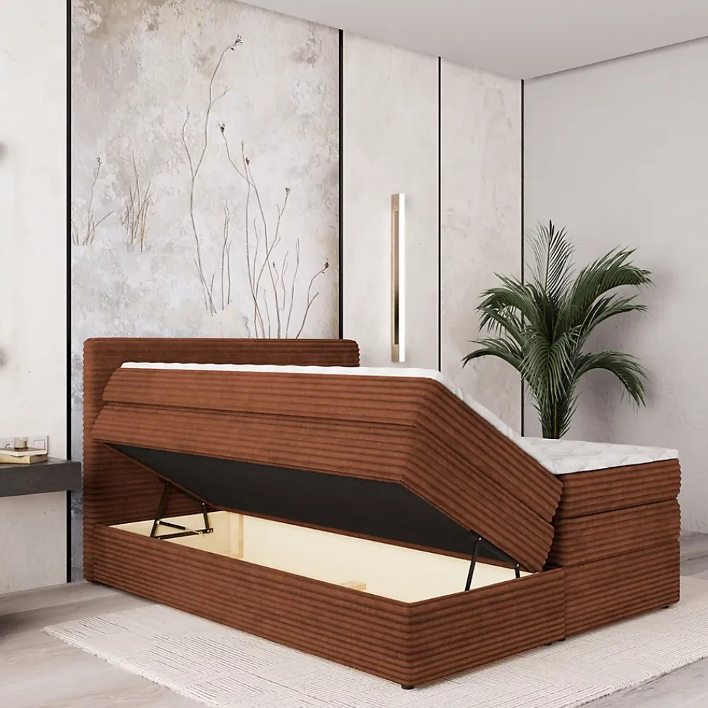 Masseno Lit Boxspring LUNERA 140X200 CM TILIA 52, Marron, Lit avec matelas et rangement* Ensemble Sommier Et Matelas