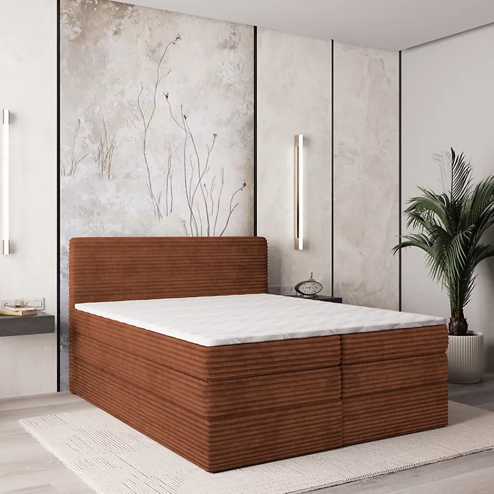 Masseno Lit Boxspring LUNERA 140X200 CM TILIA 52, Marron, Lit avec matelas et rangement* Ensemble Sommier Et Matelas
