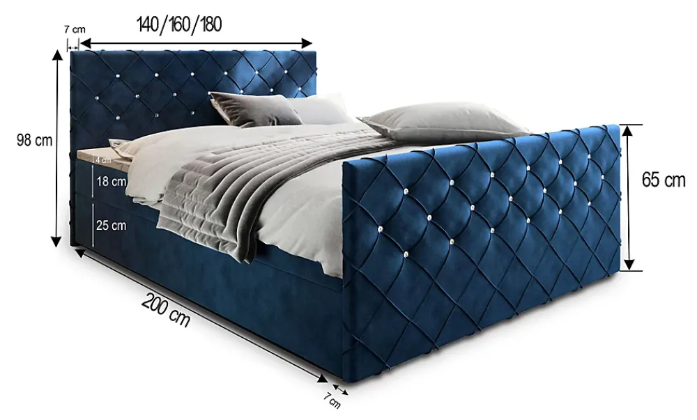 Masseno Lit Boxspring MANDI 160X200 CM MAGIC VELVET 2216, Bleu, Lit avec matelas et rangement* Ensemble Sommier Et Matelas