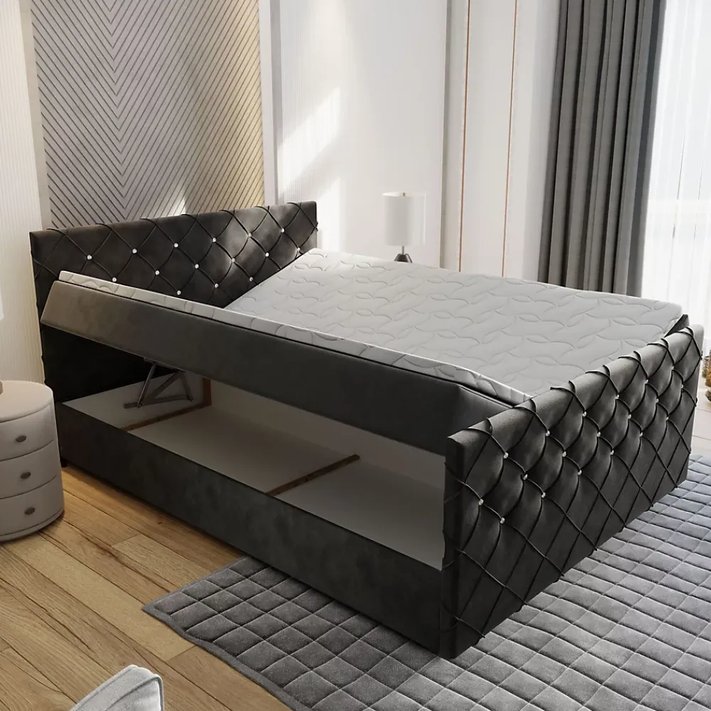 Masseno Lit Boxspring MANDI 180X200 CM MAGIC VELVET 2221, Bleu, Lit avec matelas et rangement* Ensemble Sommier Et Matelas